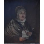 English school - Portrait of a lady in lace bonnet holding a letter, oil on canvas,