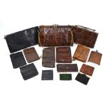 A collection of 1930s crocodile, leather and snakeskin handbags, clutch bags,