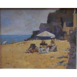 Laurence Belbin (b 1958) - 'BBQ on the beach, no 56', oil on board, signed lower left,