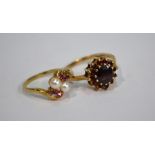 A pearl and ruby crossover ring, 9ct yellow gold, to/w garnet cluster ring,