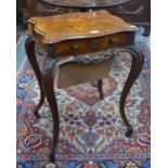 A 19th century floral marquetry walnut work table with serpentine top over a frieze drawer opposing