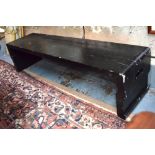 A Chinese ebonised low table or bench with pierced end handles, 160 cm long x 39.