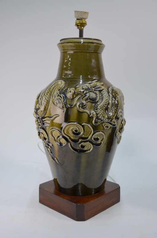 Two olive green monochrome vases decorated in the Chinese style, both mounted for electricity, - Image 3 of 6