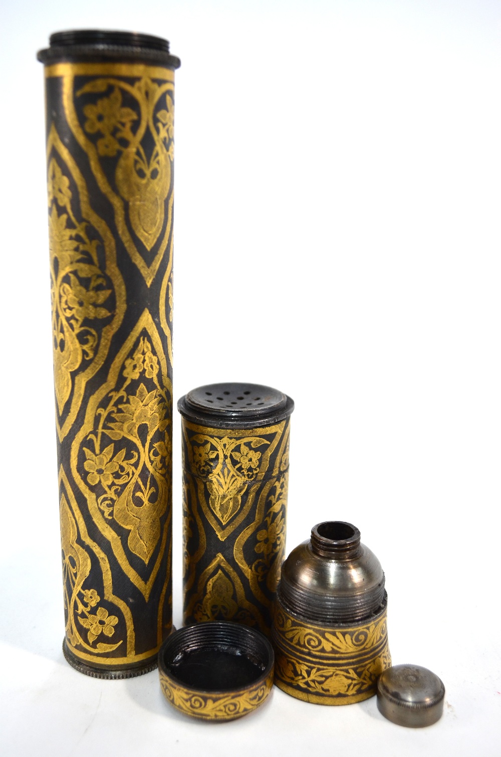 A gilt decorated, cylindrical metal vessel possibly a perfume or document container, 25. - Image 4 of 6