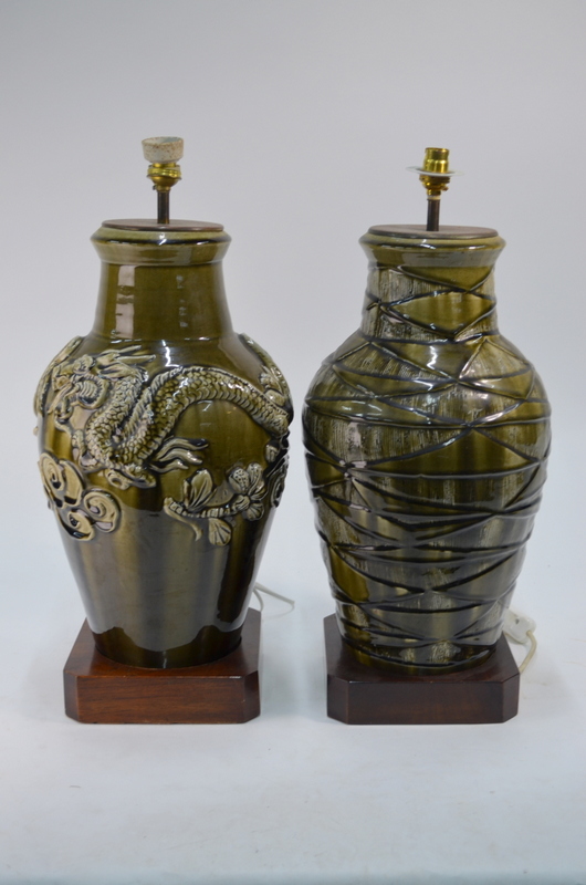 Two olive green monochrome vases decorated in the Chinese style, both mounted for electricity, - Image 2 of 6