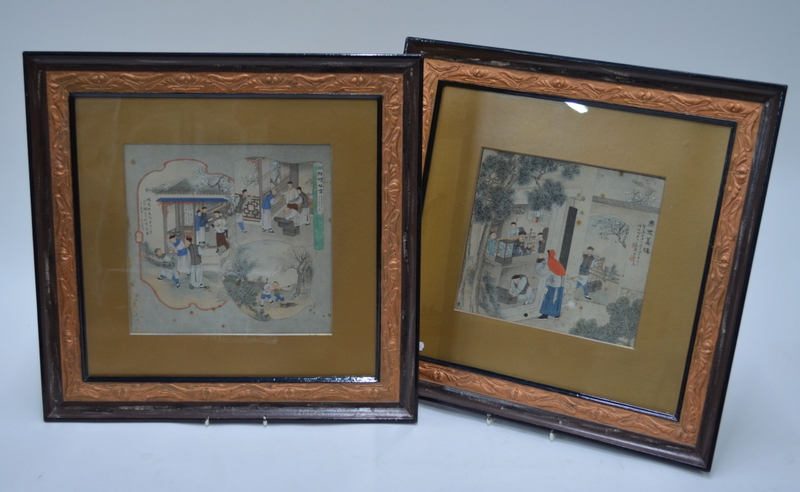 A pair of Chinese pictures; each one depicting a narrative scene,