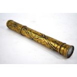 A gilt decorated, cylindrical metal vessel possibly a perfume or document container, 25.