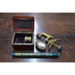 A Victorian gilt brass 'Hemmingbird' sewing clamp, to/w a small mahogany box with inner-mirrored