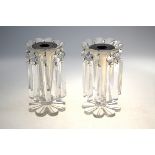 A pair of heavy glass lustres with silver plated inserts to convert into candlesticks, c. early 20th