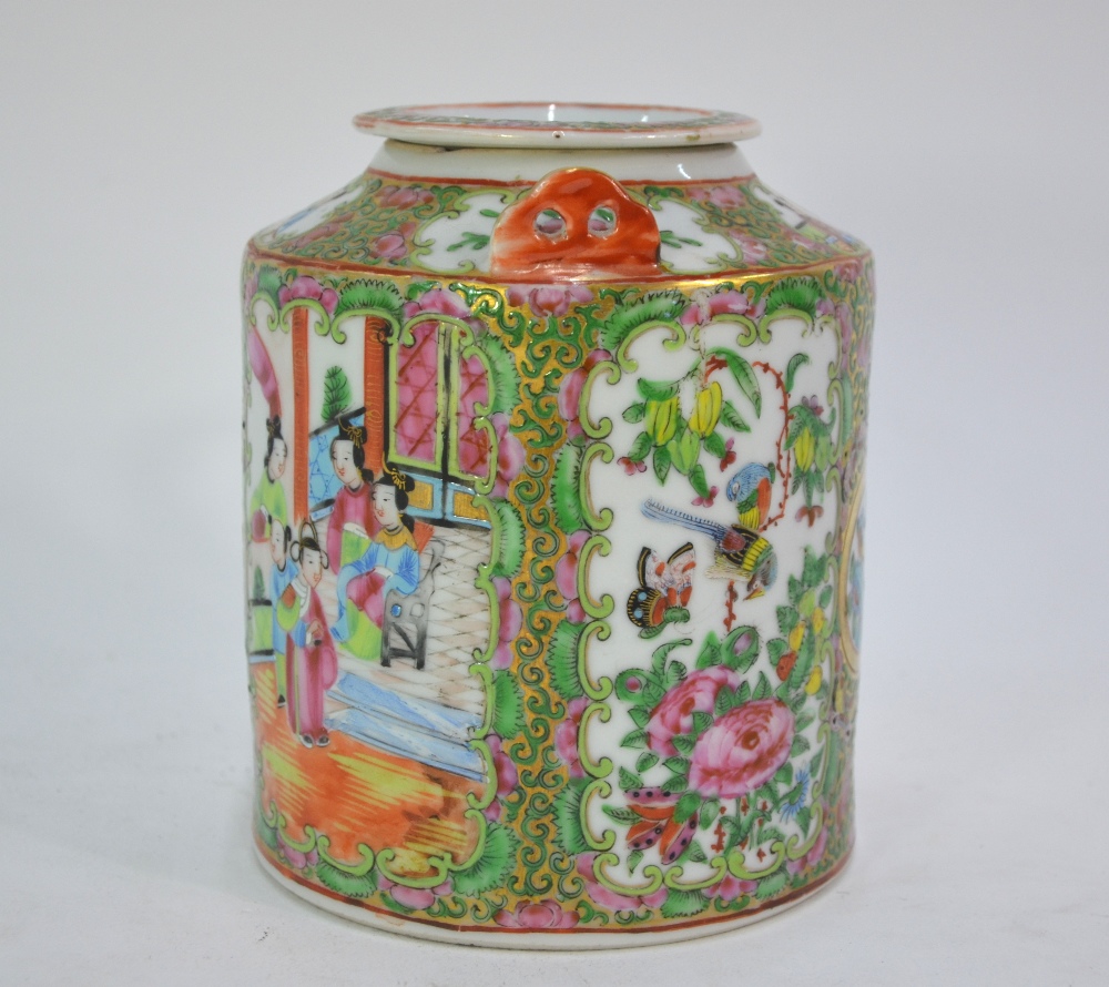 A Canton famille rose teapot of cylindrical form, decorated with typical panels of Natural History - Image 2 of 9