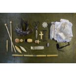A small selection of lace trimmings to/w various sewing accoutrements including carved bone pin-
