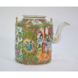 A Canton famille rose teapot of cylindrical form, decorated with typical panels of Natural History
