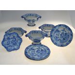 Four 19th century Mason Ironstone hexagonal Chinoiserie blue transfer printed cache pots with two