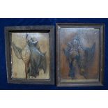 Two framed prints on card, hanging game bird trophies, 33 x 24 cm and 28 x 24 cm