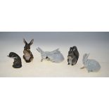 Five Royal Copenhagen animal models - Pair of Rabbits, 518; White Rabbit, 1691; Brown Rabbit,