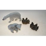 Four Royal Copenhagen bears - Polar Bear Walking, 320; Polar Bear Cub, 729 and two Brown Bears, 1124