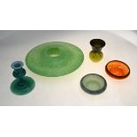 Two Vasart glass bowls with everted rims, one mottled orange ground and the other grey/green ground,
