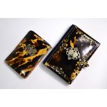 A Victorian tortoiseshell and pique-work pocket photograph-case with fold-out watered silk leaves,