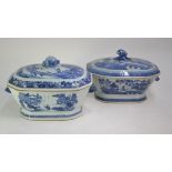 Two Chinese Export blue and white tureens, each one with associated domed cover; one decorated on