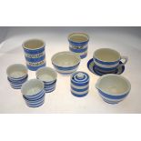 T G Green Blue Cornish Ware breakfast cup and saucer, garlic canister, cutlery drainer, six