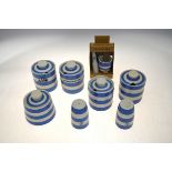 T G Green Blue Cornish Ware 2005 jam pot and cover to/w a Breakfast Preserve pot and cover, two un-
