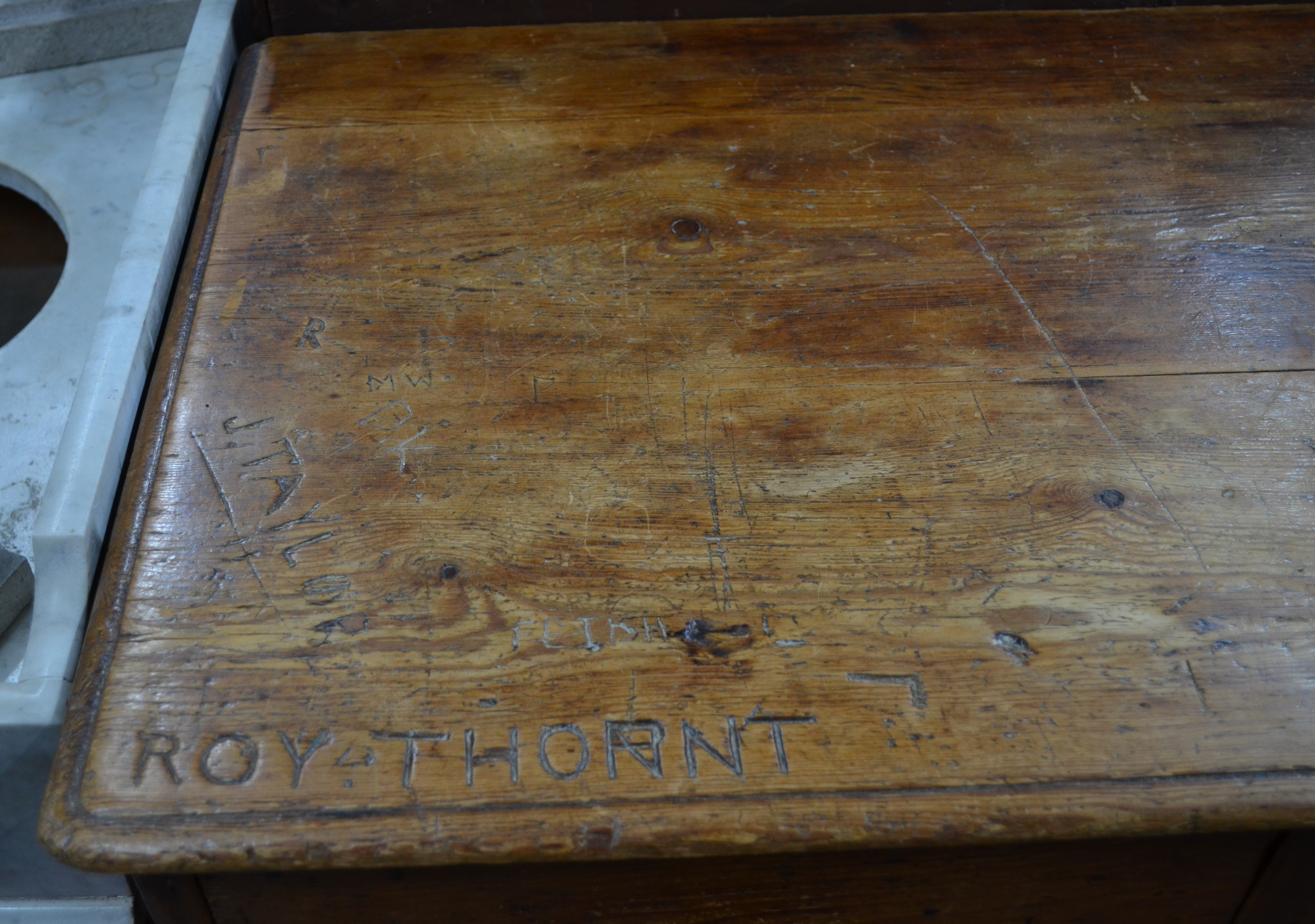 A Victorian waxed pine chest of two long over two short drawers, ex- Winchester College boarding - Image 2 of 3