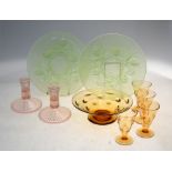 A Webb amber glass bowl of conical form, 20.3 cm diam. and four matching drinking glasses, 10 cm