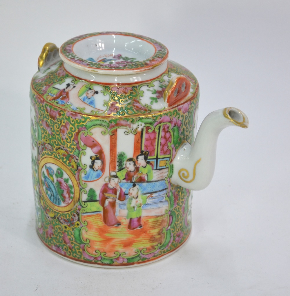 A Canton famille rose teapot of cylindrical form, decorated with typical panels of Natural History - Image 3 of 9