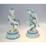 A matched pair of English porcelain classical kneeling figures of maidens, one carrying a sheath
