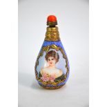 A famille rose Chinese snuff bottle, decorated with two European beauties; the base with Qianlong