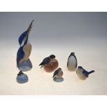 Five Royal Copenhagen bird models - Kingfisher holding Fish, 2257; Robin, 2266; Robin, 2238;