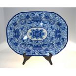 A 19th century blue transfer printed meat plate decorated with stylised flowers and foliage, 52 x 38