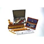 A quantity of drawing instruments, boxwood ruler, parallel needle gauges, etc. (box)