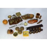 Various treen, including shoe snuff box with pin-head decoration, ball string-box, child's shoe last