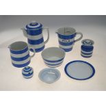 T G Green & Co blue Cornish wares, all green shield backstamp, comprising:  Hot water jug and cover,