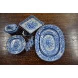 A 19th century Staffordshire blue and white part table service, comprising a diamond-shaped comport,