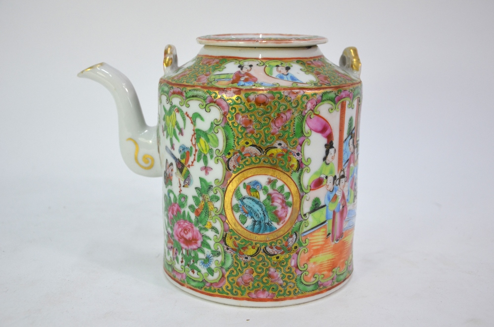 A Canton famille rose teapot of cylindrical form, decorated with typical panels of Natural History - Image 4 of 9