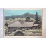 Sakamoto Koichi (Born 1932); a Japanese print of a thatched dwelling in a mountainous landscape;