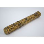 An Ottoman-style pen case or Kubur of cylindrical form with three sections; decorated with gilt