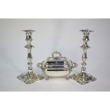 A small Old Sheffield Plate tureen and cover with gadrooned rim and lion-pad feet, to/w a pair of