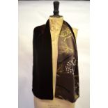 Neisha Crosland - A dark brown silk velvet scarf lined with foliate patterned silk, a black velvet