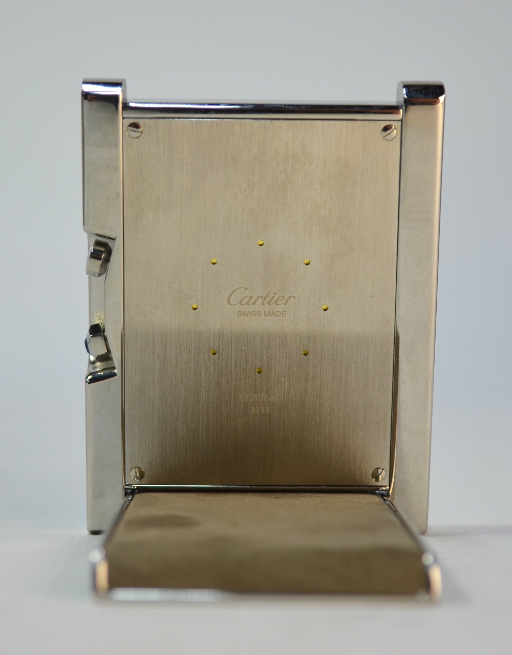 A Cartier stainless steel 'Desk Tank' Travel Clock with quartz movement, in original case with - Image 5 of 7