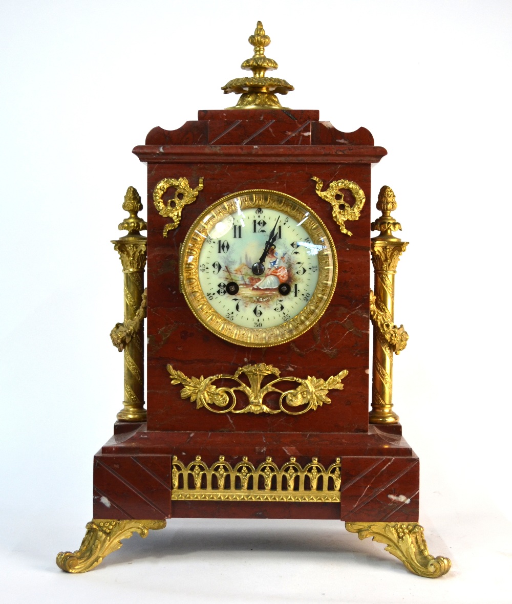 A late 19th century gilt bronze mounted rouge veined marble eight-day mantel clock, the two train - Image 3 of 8