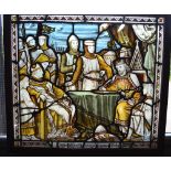 A 19th century leaded stained glass panel, 'King John signing Magna Carta' in oak frame, 65 x 72