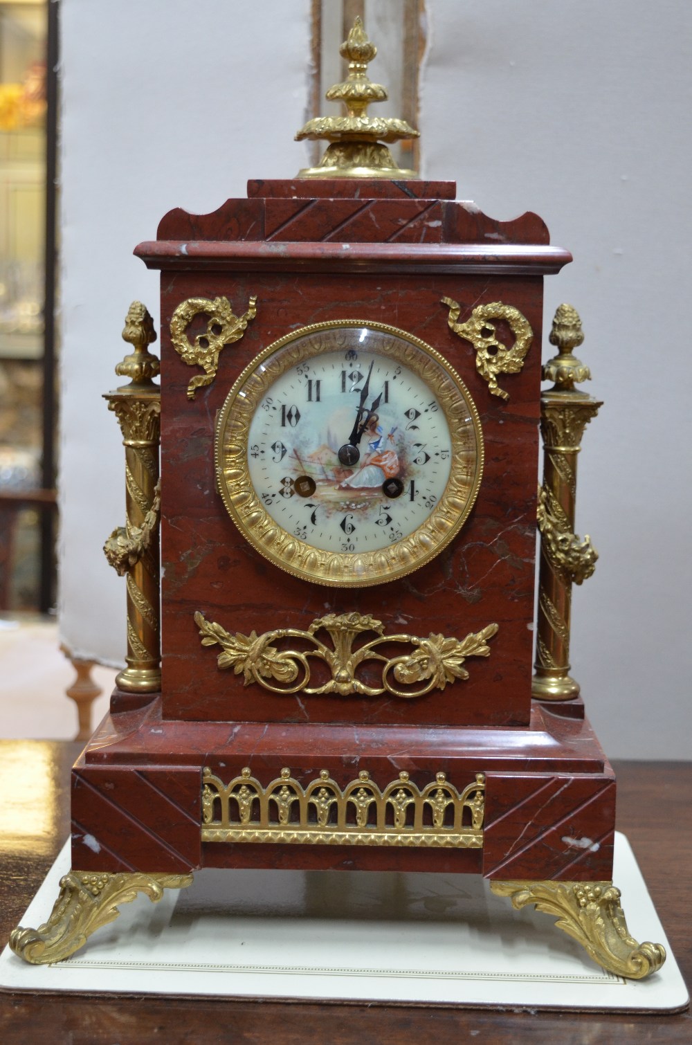 A late 19th century gilt bronze mounted rouge veined marble eight-day mantel clock, the two train - Image 2 of 8