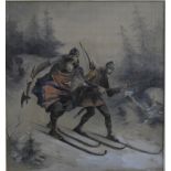 Bergslein - Scandinavian hunters with child, on skis, watercolour, signed lower left, 46 x 42.5 cm