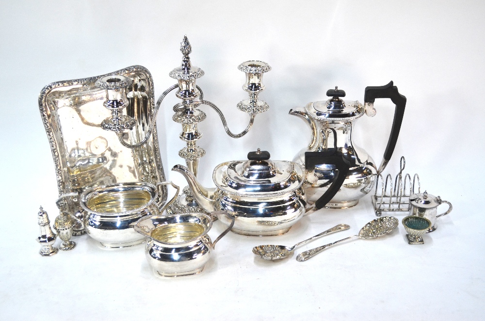 A Garrard & Co. electroplated four-piece tea service with hot water jug, to/w a three-sconce - Image 5 of 7