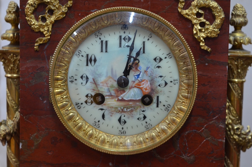 A late 19th century gilt bronze mounted rouge veined marble eight-day mantel clock, the two train - Image 4 of 8