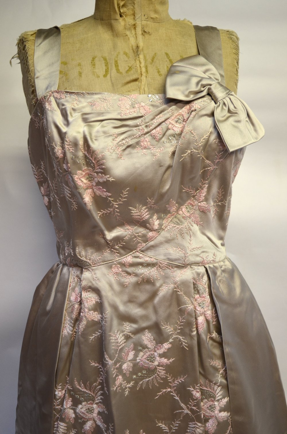 A 1950s ball gown oyster silk satin, floral and metallised thread brocade with structured bodice and - Image 2 of 2