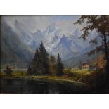 Austrian school - An extensive Alpine scene with chalet at foot of mountains, before a lake, oil